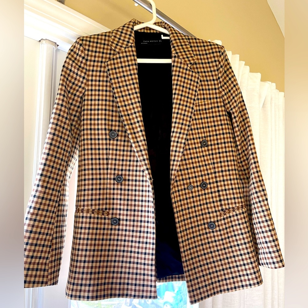 Checked Double-Breasted Blazer Jacket - Brown/Bla… - image 1